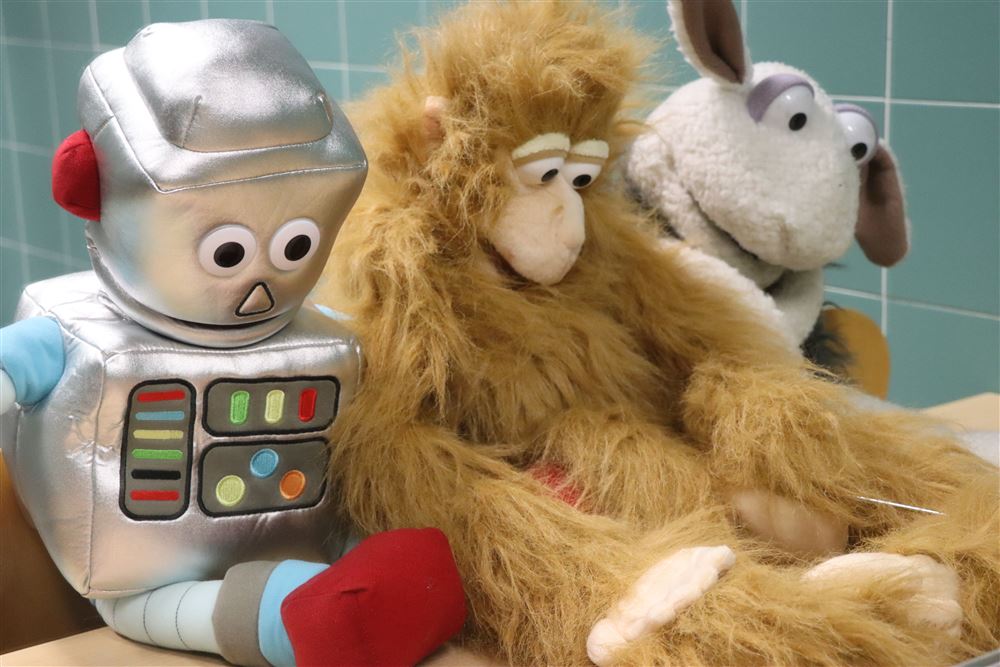Bonecos de ventriloquia de João Seabra: um robô, um macaco e uma ovelha